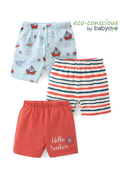 Babyoye 100% Cotton Eco Jiva Finish Stripes & Boats ed Mid Thigh Length Short...