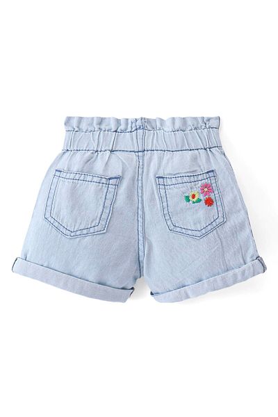 Bonfino Bonfino 100% Cotton Elasticated Waist Denim Shorts with Floral Embroidery - Light Blue