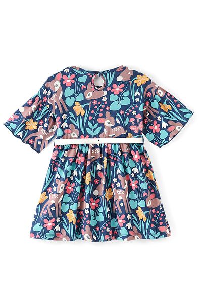 Babyhug Babyhug 100% Cotton Knit Half Sleeves Frock With Belt Deer & Bunny Print - Navy Blue