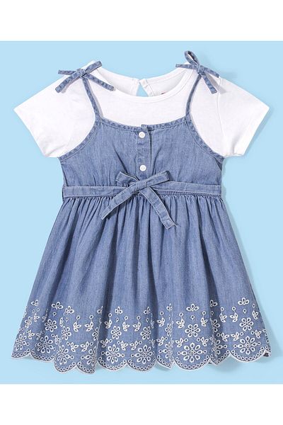 Babyhug Babyhug Embroidered Denim Frock with Short Sleeves Inner Tee - Blue