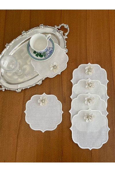 Smiling Home 6 Pieces of Linen Ecru Color Stylish Orchid Cocktail Presentation Napkins