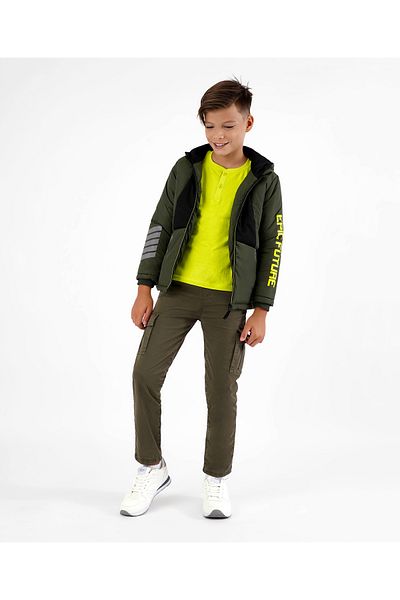Primo Gino Primo Gino Full Sleeves Color Blocked Quilted Jacket Text Print - Olive Green