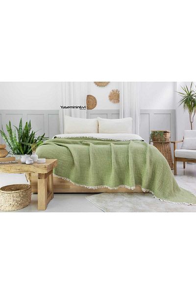 YASEMİNİNEVİ Double Green Color 6 Layer Muslin Quilt, Bedspread 220X240Cm