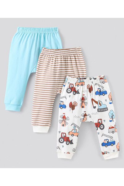 Bonfino 100% Cotton Knit Ankle Length Diaper Pants Stripes & Bulldozer  Pack of 3-Blue Brown & White