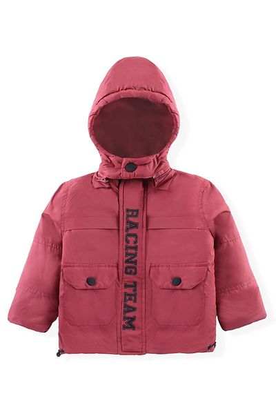 Babyhug Babyhug Woven Full Sleeves Solid Jacket with Detachable Hood & Text Print - Rust