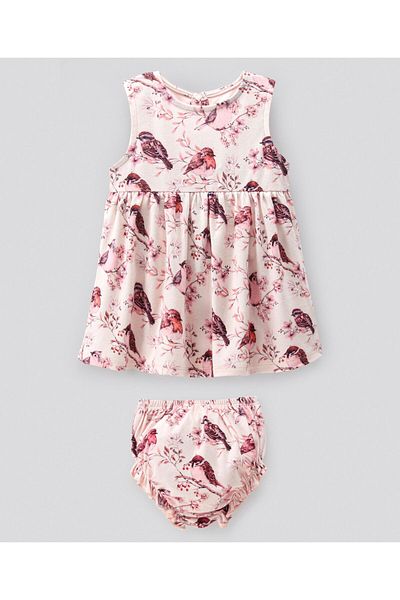 Bonfino Bonfino 100% Cotton Sleeveless Frock with Bloomer Bird Print - Pink