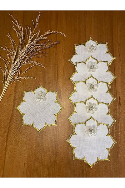 Smiling Home 6 bucăți de in, culoare aurie, șervețele de prezentare pentru cocktail cu model de stea cu orhidee