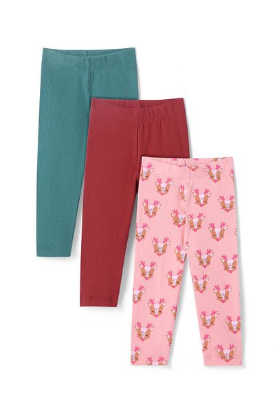 Bonfino 100% Cotton Rib Full Length Leggings Solid Color & Deer Print Pack Of 3-Maroon Teal & Pink