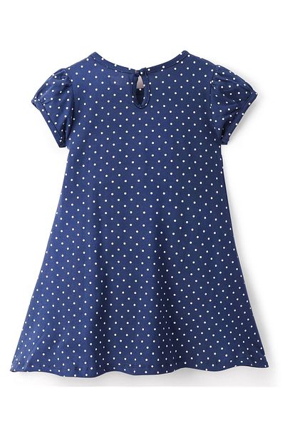 Babyhug Babyhug 100% Cotton Knit Half Sleeves Embroidered Dress - Navy Blue