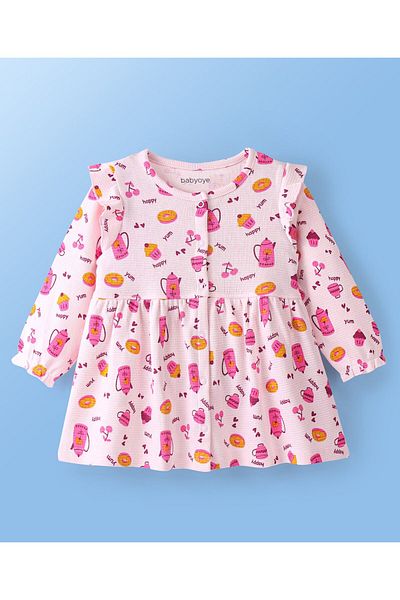 Babyoye Babyoye Eco-Conscious 100% Cotton Knit Full Sleeve Doughnut ed Frock Bloomer & Headband-Multicolour