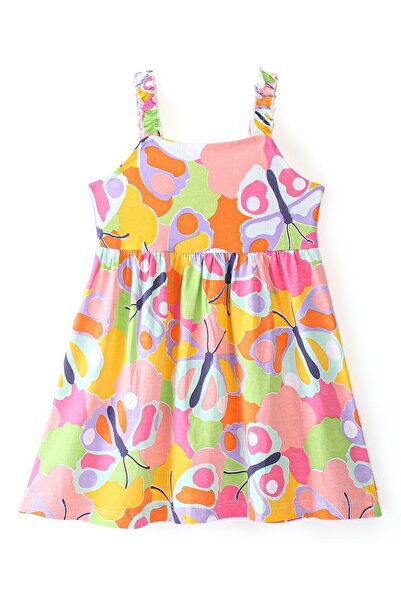 Babyhug Cotton Knit Sleeveless Butterfly Print Frock With Denim Jacket - Multi Color