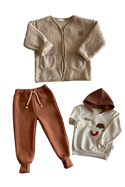 patriko tekstil Unisex Children's Set of 3 Fleece Jacket Sweatshirt Pantalon Bottom Top Jacket Set