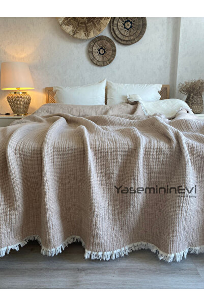 YASEMİNİNEVİ Double Beige Color 6 Layer Muslin Quilt, Bedspread 220X240Cm