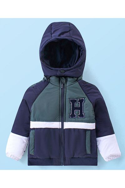 Babyhug Babyhug Woven Full Raglan Sleeve Front Open PaddJacket Detachable Colour Block & Patch-Navy Blue