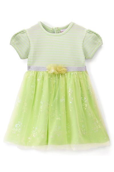 Babyhug Babyhug Knitted Half Sleeves Frock Stripes & Floral Print - Green