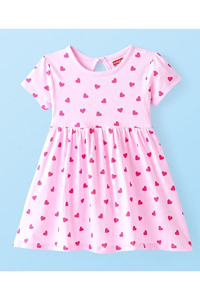 Babyhug Babyhug 100% Cotton Half Sleeves Frock & Bloomer With Heart Print - Pink