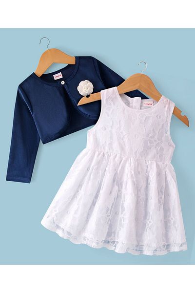 Babyhug Babyhug Woven Frock with Three Fourth Sleeves Jacket Floral Applique - Navy Blue