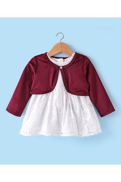 Babyhug Babyhug Woven Frock with Full Sleeves Jacket Floral Embroidery - White