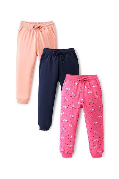 Primo Gino 100% Cotton Knit Joggers Style Lounge Pants Unicorn Print Pack of 3 - Navy/Peach/Pink