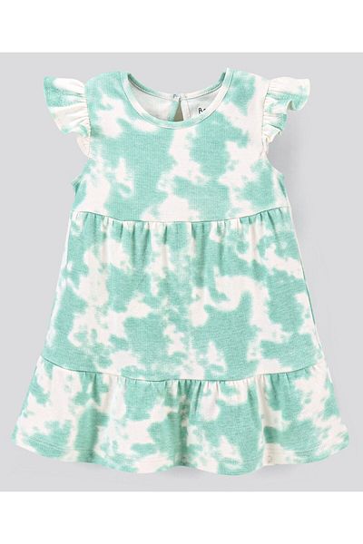 Bonfino Bonfino 100% Cotton Interlock Frill Sleeves Frock Tie & Dye Print - Green & Offwhite