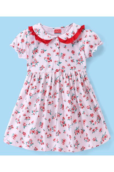 Babyhug Babyhug Cotton Knit Half Sleeves Frock with Bloomer Floral Printed - Pink