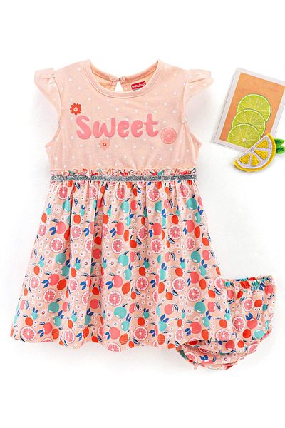 Babyhug Babyhug 100%Cotton Cap Sleeves Frock With Bloomer Fruits Print - Light Pink