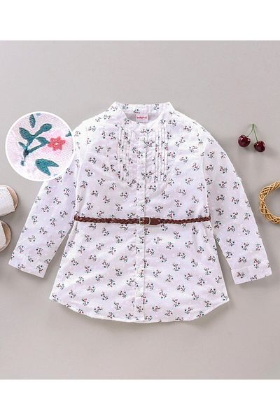 Babyhug Babyhug Full Sleeves Frock with Belt Floral Print - White