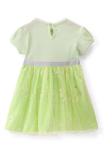 Babyhug Babyhug Knitted Half Sleeves Frock Stripes & Floral Print - Green