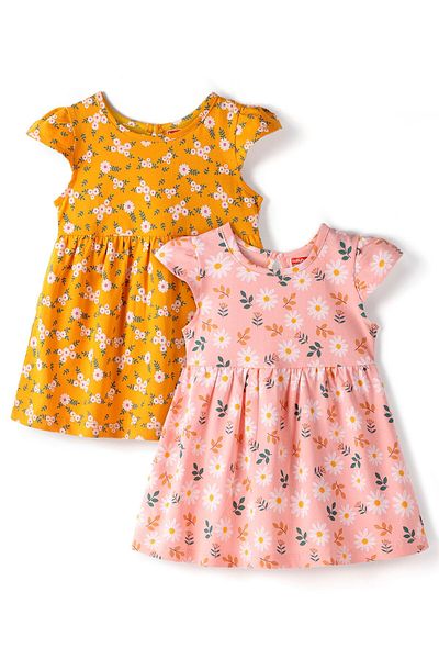 Babyhug Babyhug 100% Cotton Knit Half Sleeves Frock With Floral Print Pack Of 2 - Pink & Orange