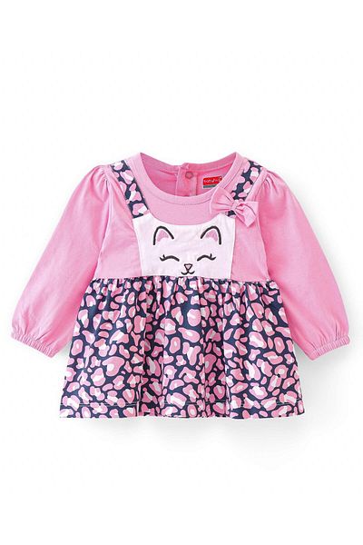 Babyhug Babyhug Frock with Bloomer Kitty Embroidered & Bow Applique- Pink