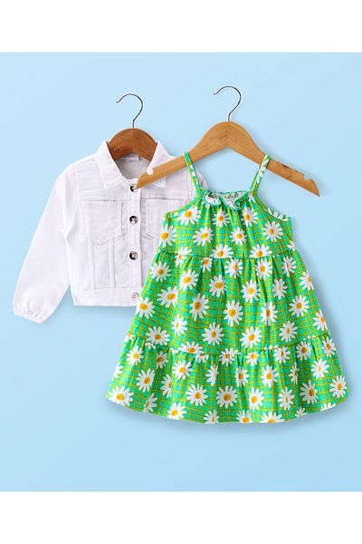 Babyhug Babyhug Single Jersey Knit Full Sleeves Jacket & Floral Printed Frock - Green & White