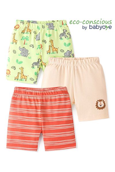 Babyoye 100% Cotton with Eco Jiva Finish Jungle Animals Printed Shorts Pack of 3 - Green Peach & Red