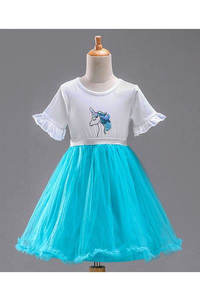 Babyhug Babyhug Half Sleeves Frock Unicorn Sequined - Aqua