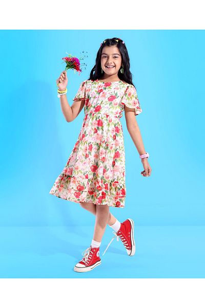 Pine kids Pine Kids Cotton Woven Half Sleeve Frock With Floral Print - Multicolor