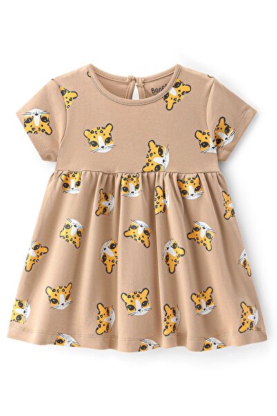 Bonfino فستان بونفينو 100% قطني بأكمام نصفية مطبوعة بالكامل - بيج