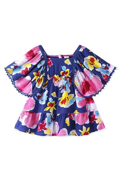 Babyhug Babyhug Rayon Half Sleeves Frock Floral Print with Lace & Bow Detailing- Blue
