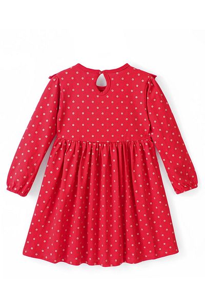 Babyhug Babyhug 100% Cotton Knit Full Sleeves Floral Printed Dress with Frill Detailing - Red