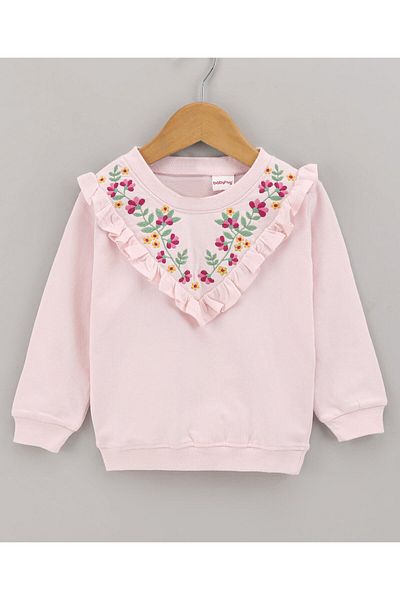 Babyhug Babyhug Full Sleeves Sweatshirt with Embroidery & Frill Detailing - Pink