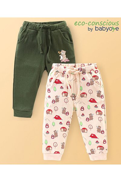 Babyoye Babyoye 100% Cotton With Eco Jiva Finish Full Length Lounge Pants Bear Print Pack of 2-Peach & Green