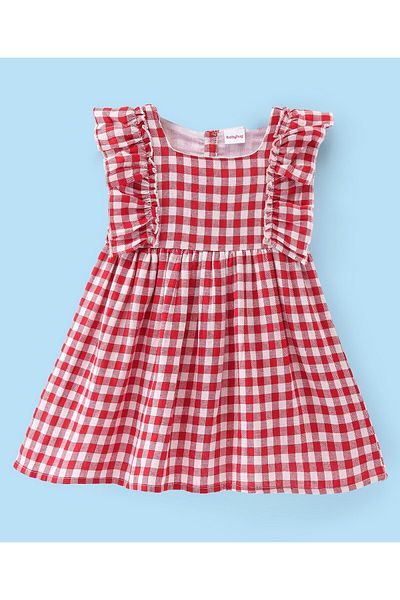 Babyhug Babyhug Cotton Knit Yarn Dyed Checkered Frock with Inner Tee - Red & White