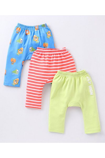 Babyhug Cotton Full Length Diaper Pants Wild Animals & Stripes Print Pack Of 3- Red Green & Blue