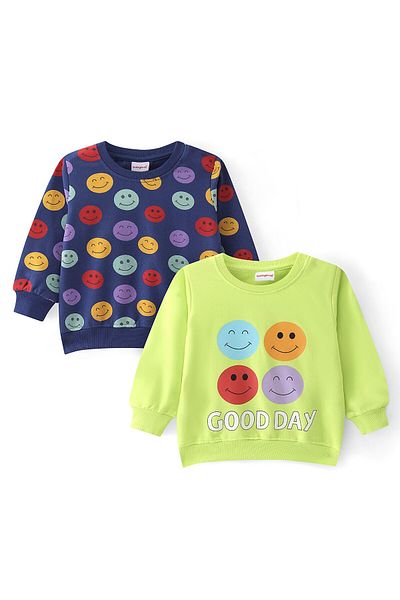 Babyhug Babyhug 100% Cotton Knit Full Sleeves Sweatshirt with Emoji Print Pack of 2  - Multicolour