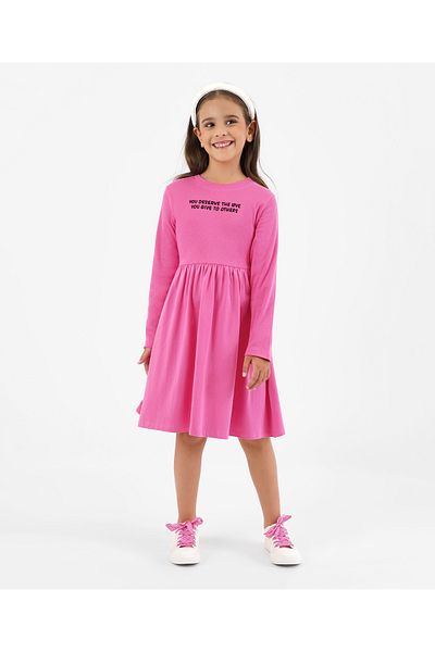 Primo Gino Primo Gino Cotton Elastane Full Sleeves Dress with Chest Flock Print - Pink