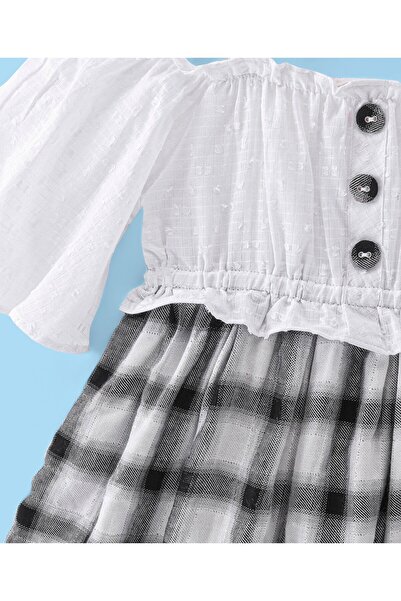 Babyhug Babyhug 100% Cotton Knit Off Shoulder Sleeves Frock Checkered - White & Black