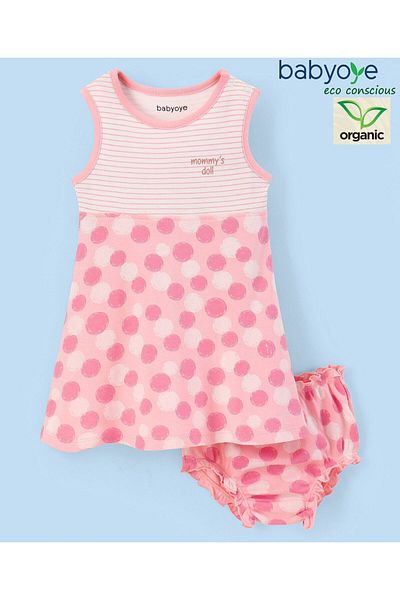 Babyoye Babyoye Eco Conscious Organic Cotton Sleeveless Frocks with Bloomer Spot Print - Pink