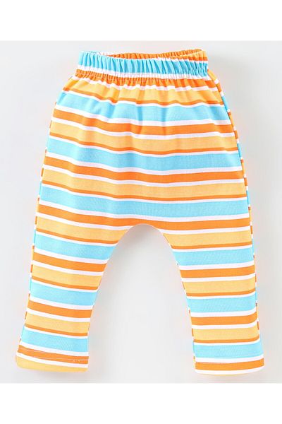 Babyhug Cotton Full Length Diaper Pants Stripes & Bear Print Pack of 3- Orange & Blue