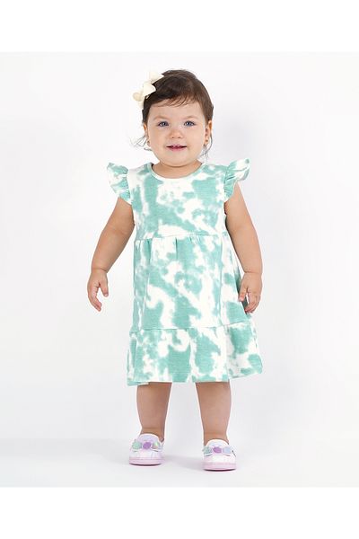Bonfino Bonfino 100% Cotton Interlock Frill Sleeves Frock Tie & Dye Print - Green & Offwhite