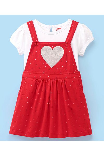 Babyhug فستان محبوك من القطن بنسبة 100% بطبعة قلب مع أكمام نصفية وتفاصيل تطريز داخلية - أحمر