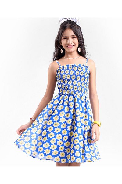 Pine kids Pine Kids Woven Sleeveless All Over Floral Printed Strappy Dress - Blue