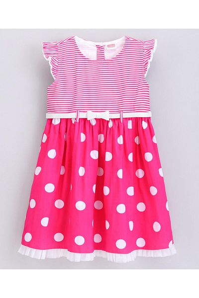Babyhug Babyhug 100% Cotton Short Flutter Sleeves Striped Frock with Bow Belt - Pink